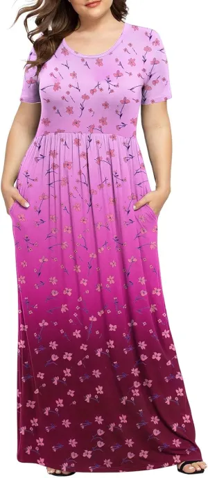 Plus Size Dresses for Women Short Sleeve Floral Graphic Dress Fashion Comfort Pleated Maxi Dress for Vacation
