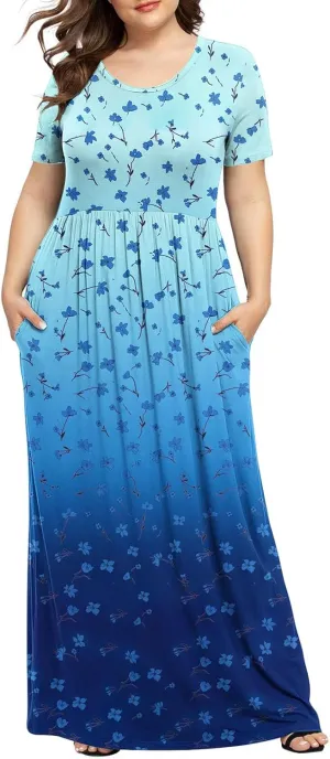 Plus Size Dresses for Women Short Sleeve Floral Graphic Dress Fashion Comfort Pleated Maxi Dress for Vacation