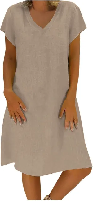 Plus Size Dresses for Women Spring Summer Solid Color Cotton and Linen Short Sleeve Dress Temperament Versatile Dress