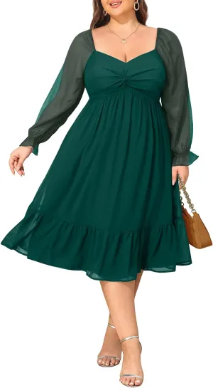 Plus Size Dresses Sweetheart Neckline Long Sleeves Chiffon Party Cocktail A Line Curvy Womens Midi Dress