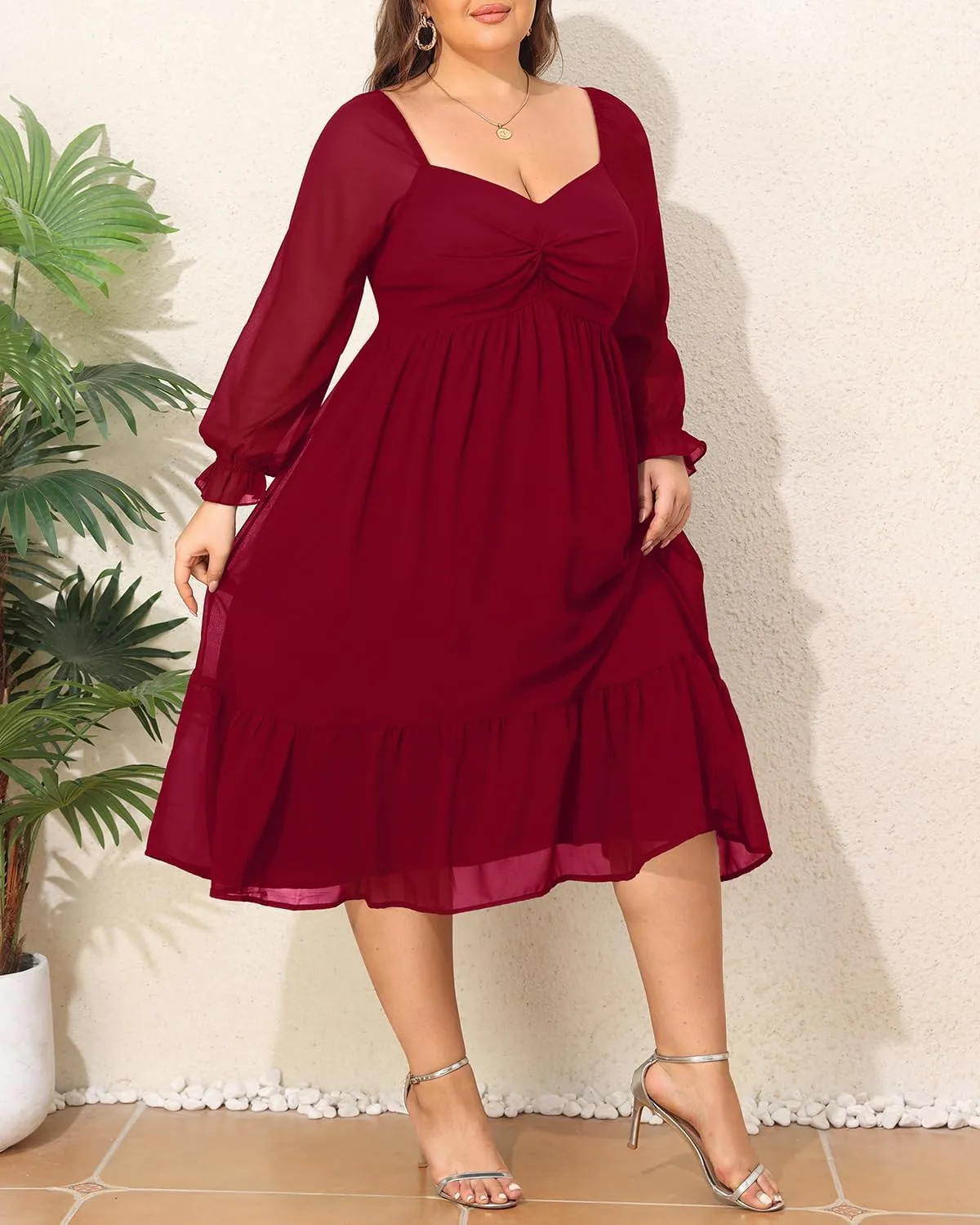 Plus Size Dresses Sweetheart Neckline Long Sleeves Chiffon Party Cocktail A Line Curvy Womens Midi Dress
