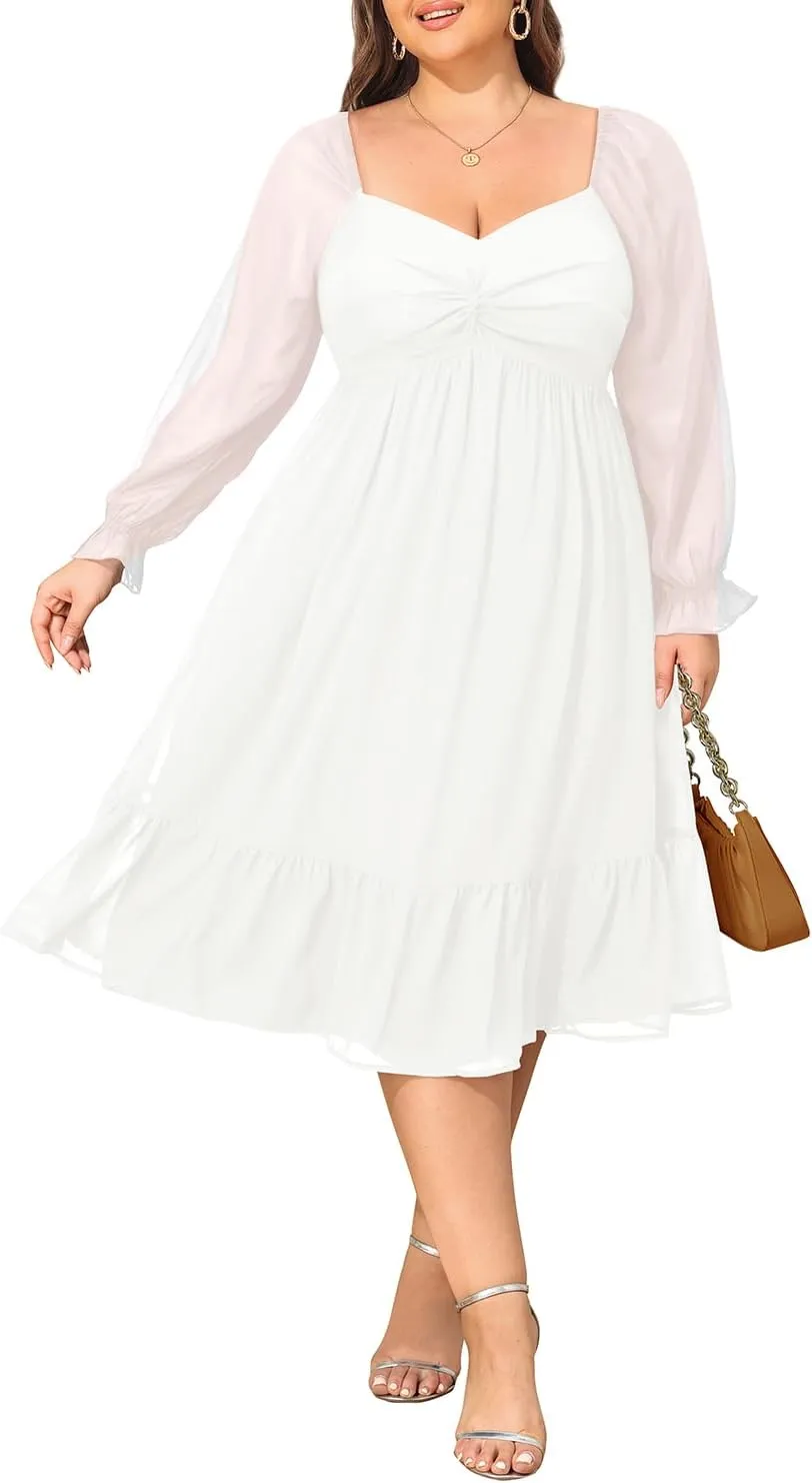 Plus Size Dresses Sweetheart Neckline Long Sleeves Chiffon Party Cocktail A Line Curvy Womens Midi Dress