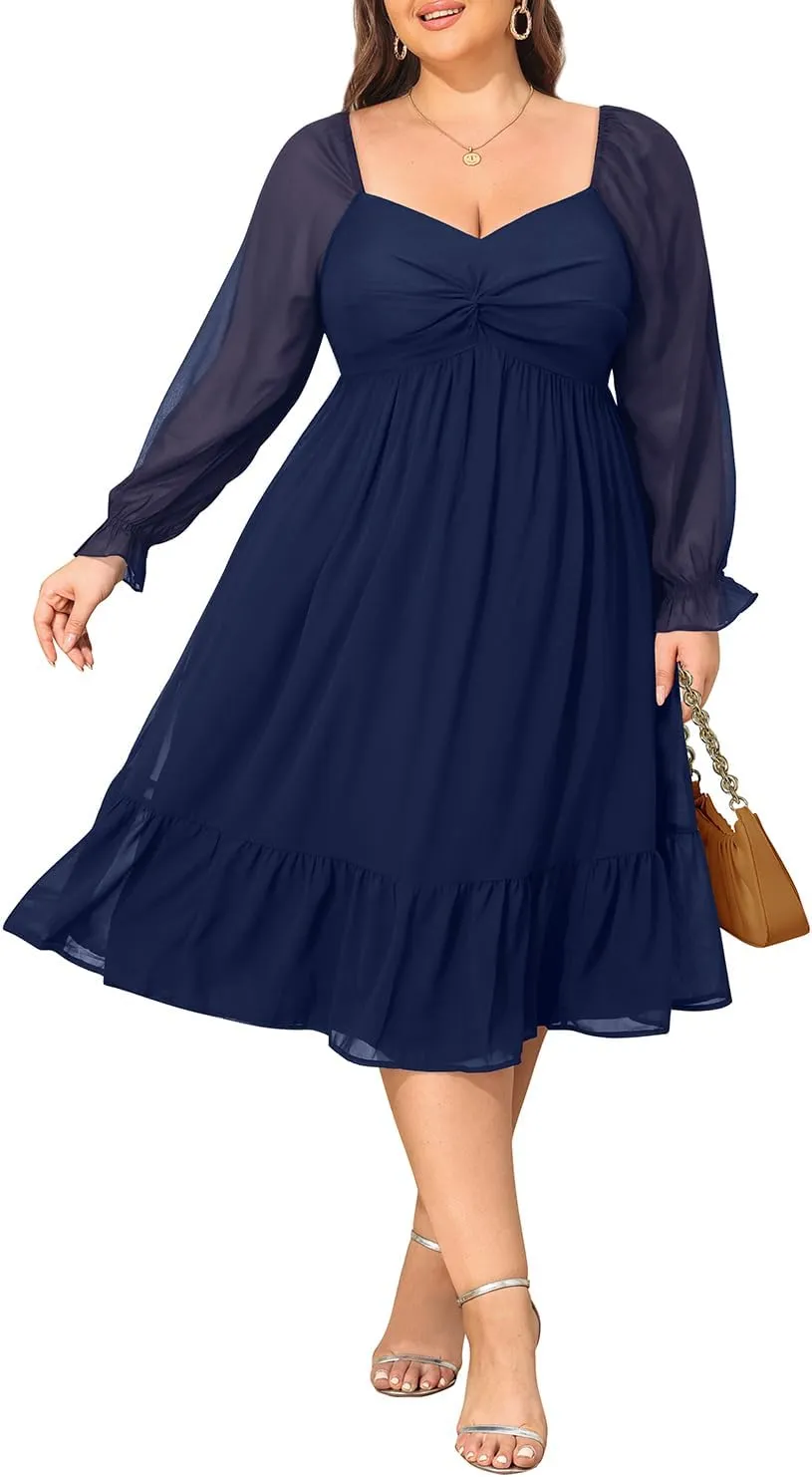 Plus Size Dresses Sweetheart Neckline Long Sleeves Chiffon Party Cocktail A Line Curvy Womens Midi Dress