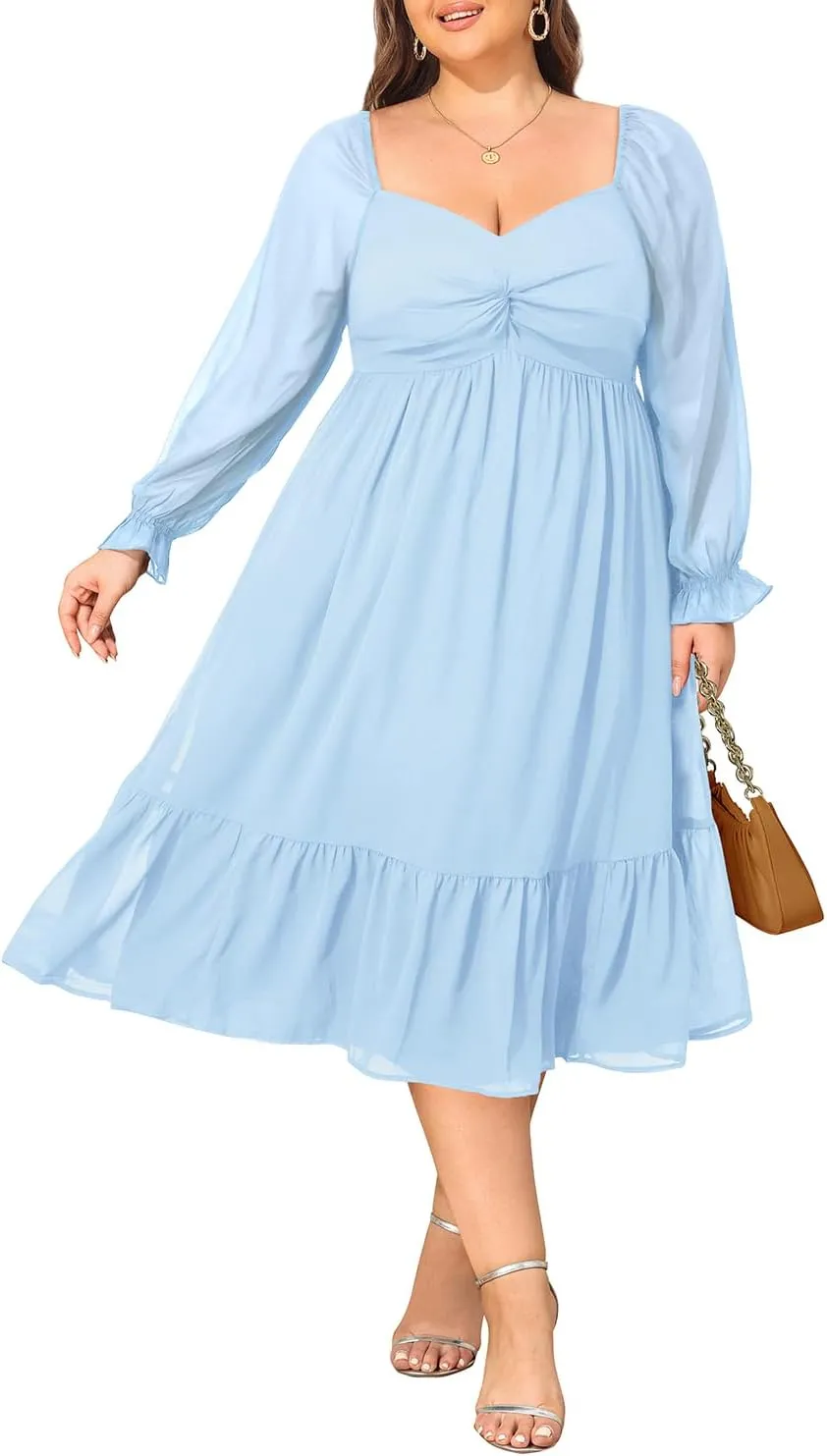 Plus Size Dresses Sweetheart Neckline Long Sleeves Chiffon Party Cocktail A Line Curvy Womens Midi Dress