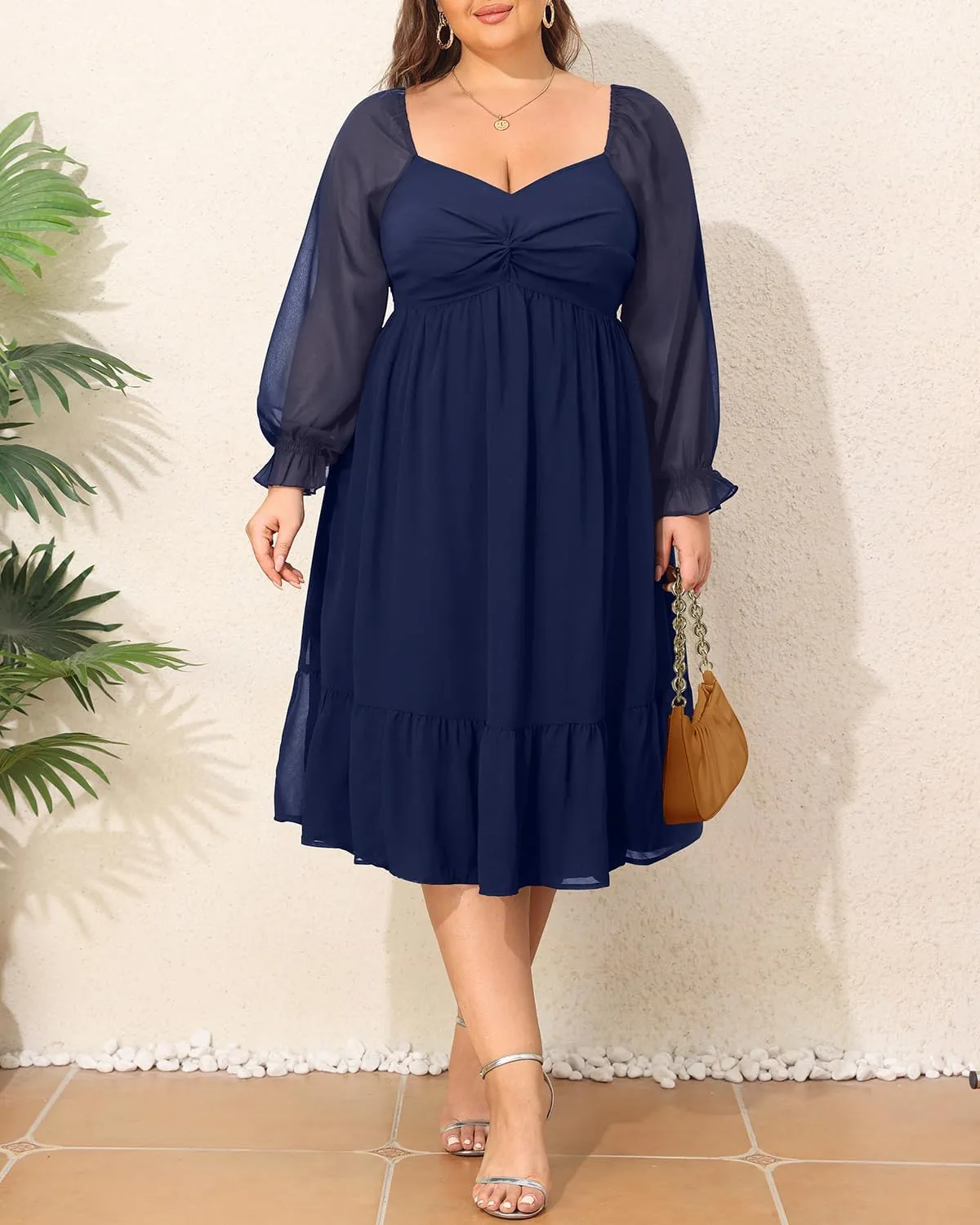 Plus Size Dresses Sweetheart Neckline Long Sleeves Chiffon Party Cocktail A Line Curvy Womens Midi Dress