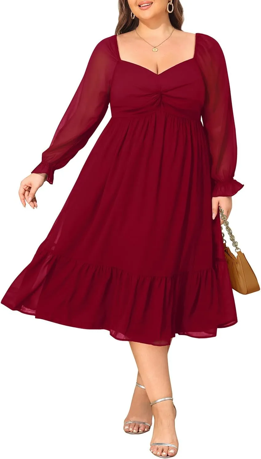 Plus Size Dresses Sweetheart Neckline Long Sleeves Chiffon Party Cocktail A Line Curvy Womens Midi Dress