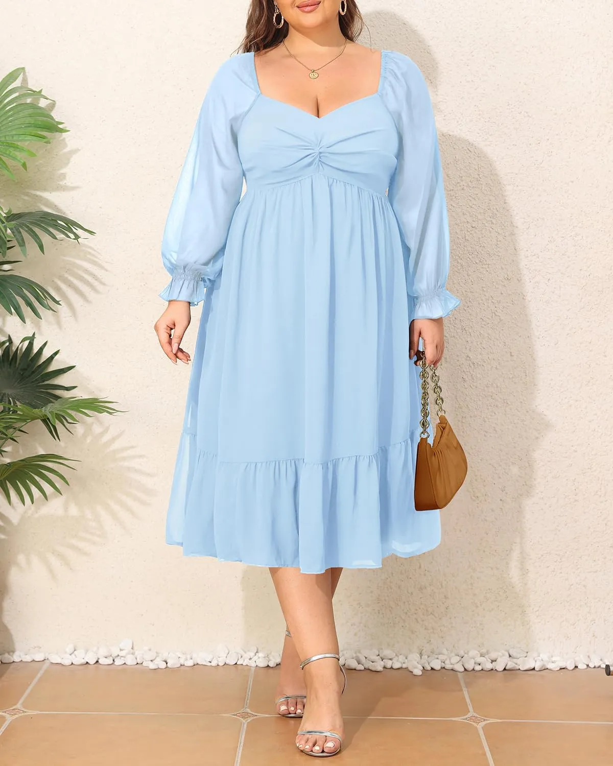 Plus Size Dresses Sweetheart Neckline Long Sleeves Chiffon Party Cocktail A Line Curvy Womens Midi Dress