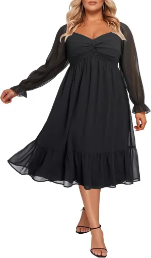 Plus Size Dresses Sweetheart Neckline Long Sleeves Chiffon Party Cocktail A Line Curvy Womens Midi Dress