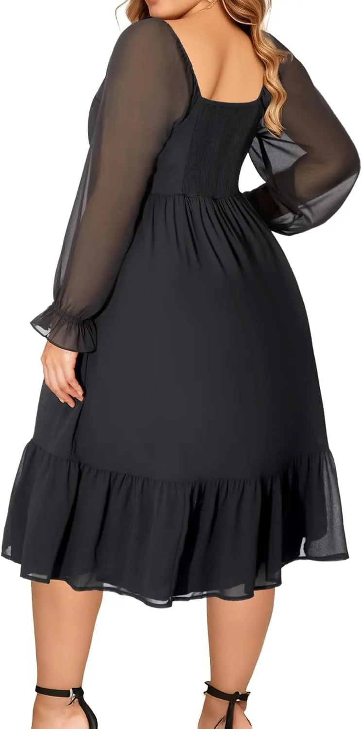Plus Size Dresses Sweetheart Neckline Long Sleeves Chiffon Party Cocktail A Line Curvy Womens Midi Dress