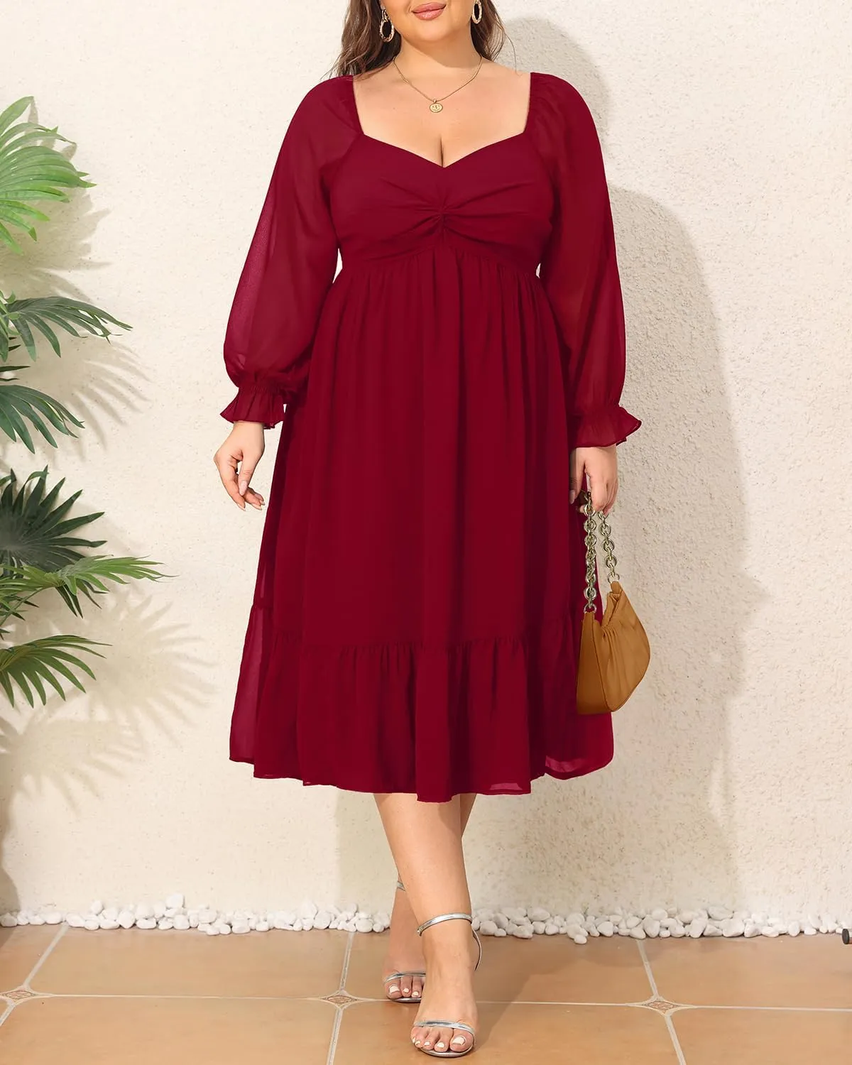 Plus Size Dresses Sweetheart Neckline Long Sleeves Chiffon Party Cocktail A Line Curvy Womens Midi Dress