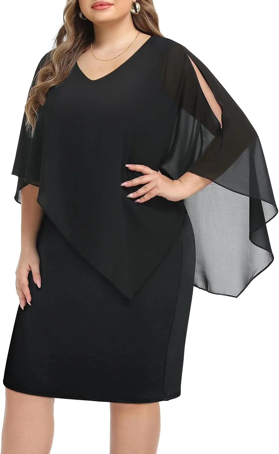 Plus Size Dresses Wedding Guest - Mother Bride Cocktail Semi Formal Cape Knee Length Dresses