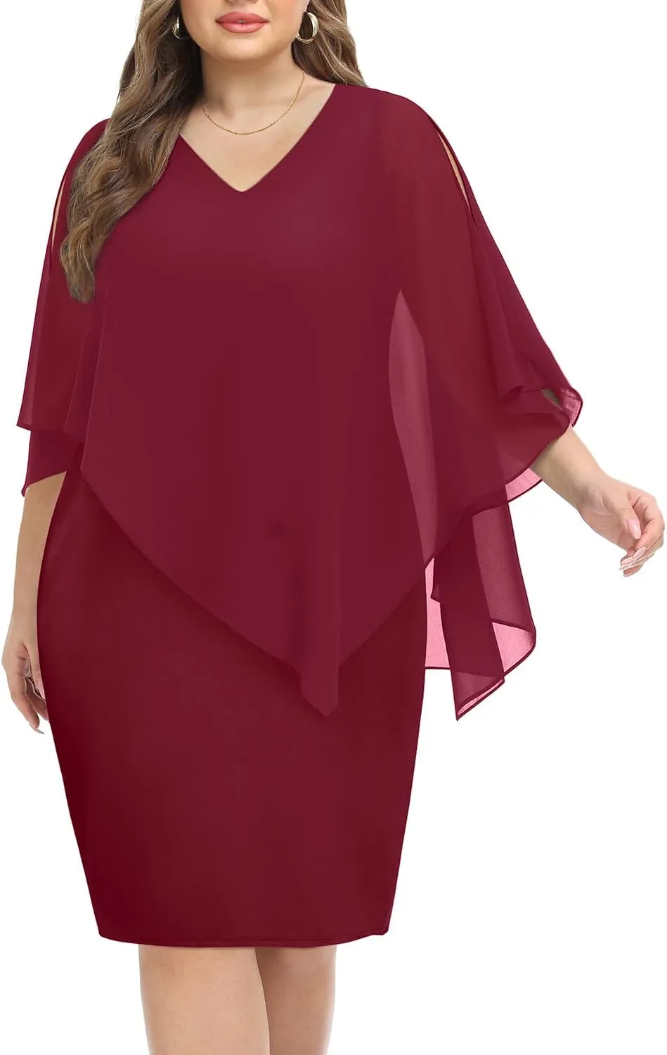 Plus Size Dresses Wedding Guest - Mother Bride Cocktail Semi Formal Cape Knee Length Dresses