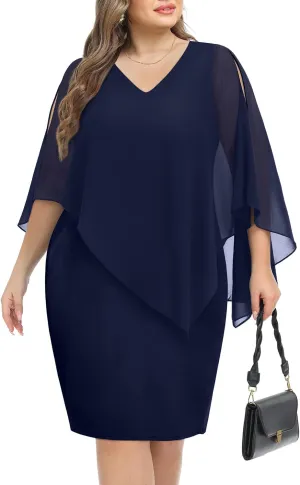 Plus Size Dresses Wedding Guest - Mother Bride Cocktail Semi Formal Cape Knee Length Dresses