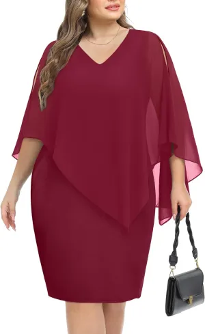 Plus Size Dresses Wedding Guest - Mother Bride Cocktail Semi Formal Cape Knee Length Dresses