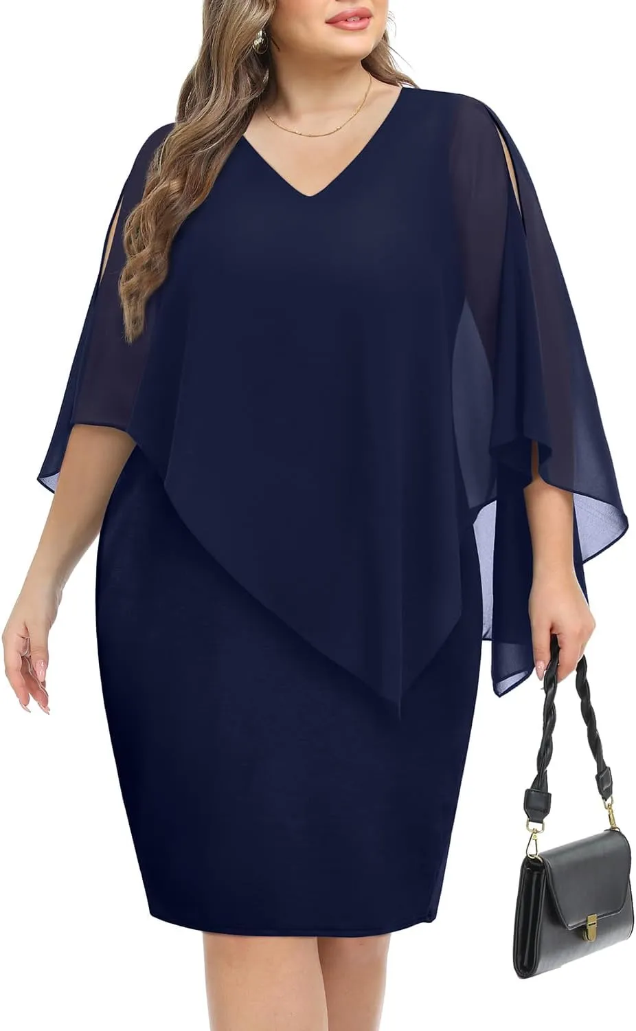 Plus Size Dresses Wedding Guest - Mother Bride Cocktail Semi Formal Cape Knee Length Dresses