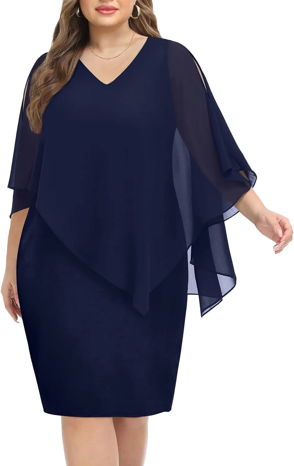 Plus Size Dresses Wedding Guest - Mother Bride Cocktail Semi Formal Cape Knee Length Dresses