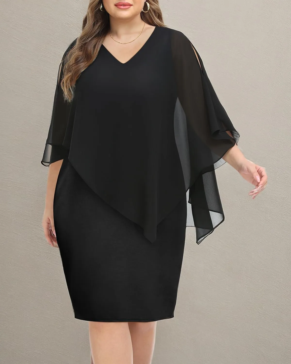 Plus Size Dresses Wedding Guest - Mother Bride Cocktail Semi Formal Cape Knee Length Dresses