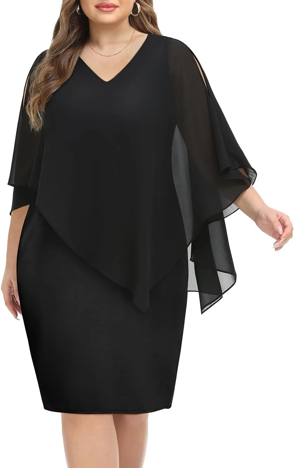 Plus Size Dresses Wedding Guest - Mother Bride Cocktail Semi Formal Cape Knee Length Dresses