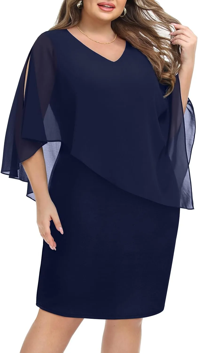 Plus Size Dresses Wedding Guest - Mother Bride Cocktail Semi Formal Cape Knee Length Dresses