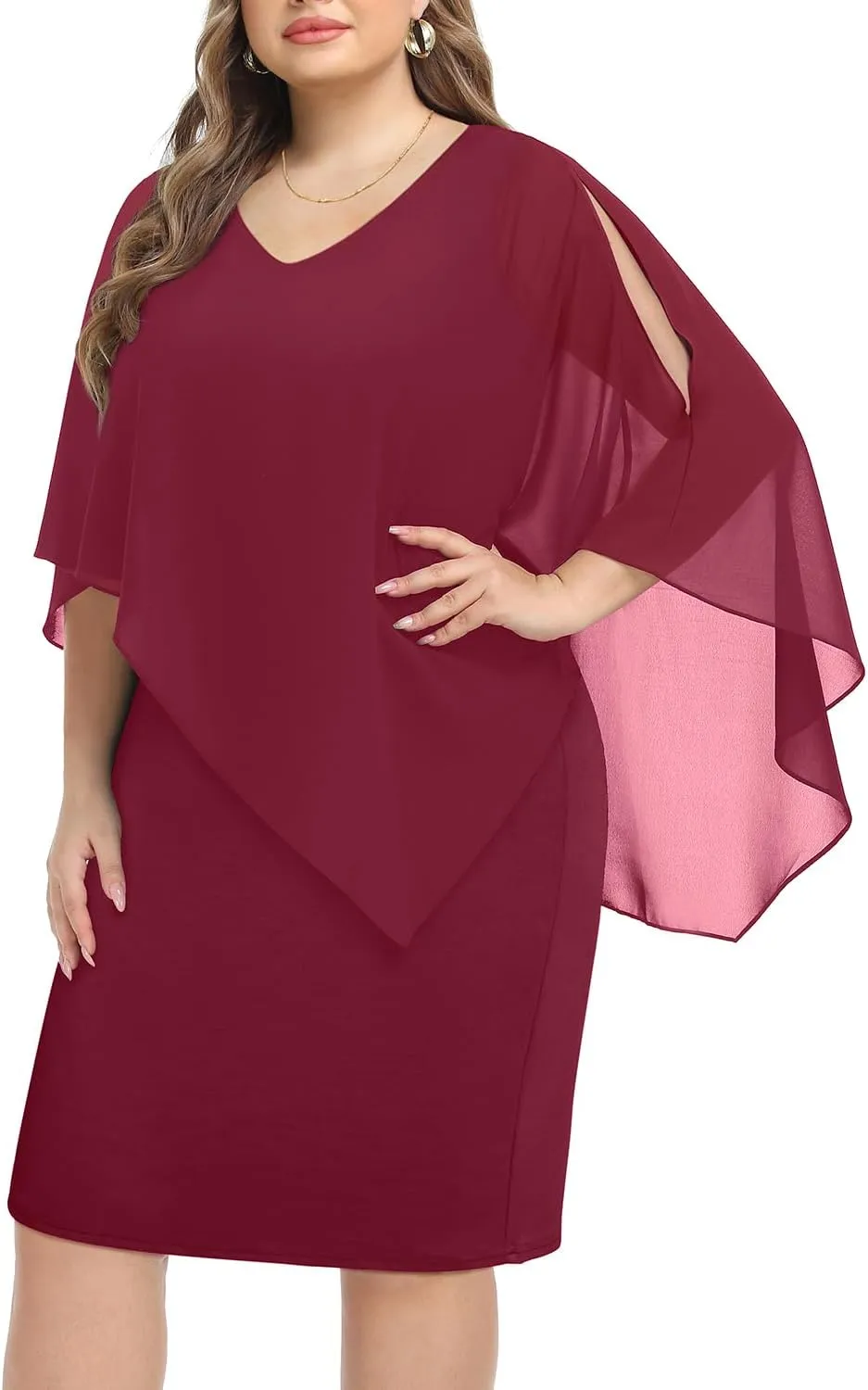 Plus Size Dresses Wedding Guest - Mother Bride Cocktail Semi Formal Cape Knee Length Dresses