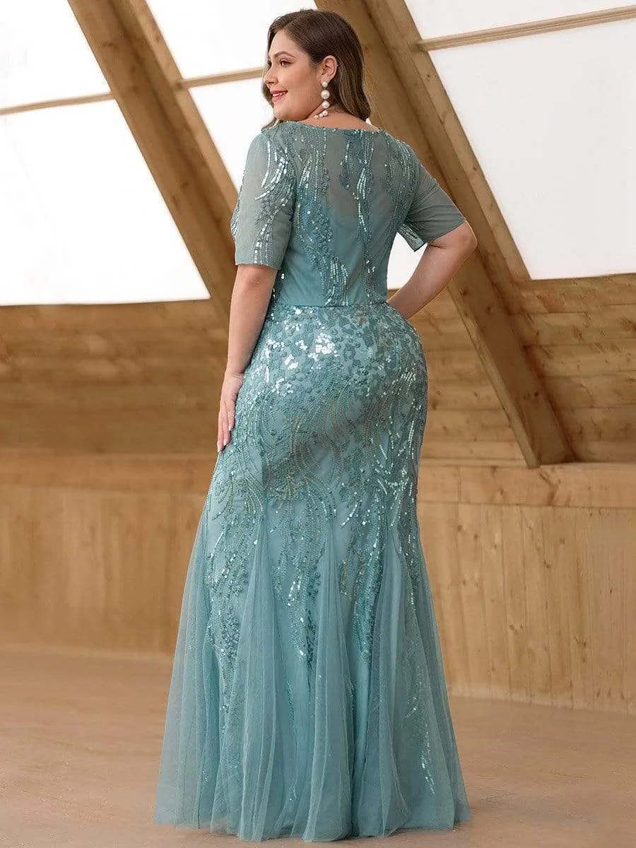 Plus Size Embroidery Sequin Fishtail Evening Dress
