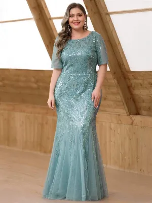 Plus Size Embroidery Sequin Fishtail Evening Dress