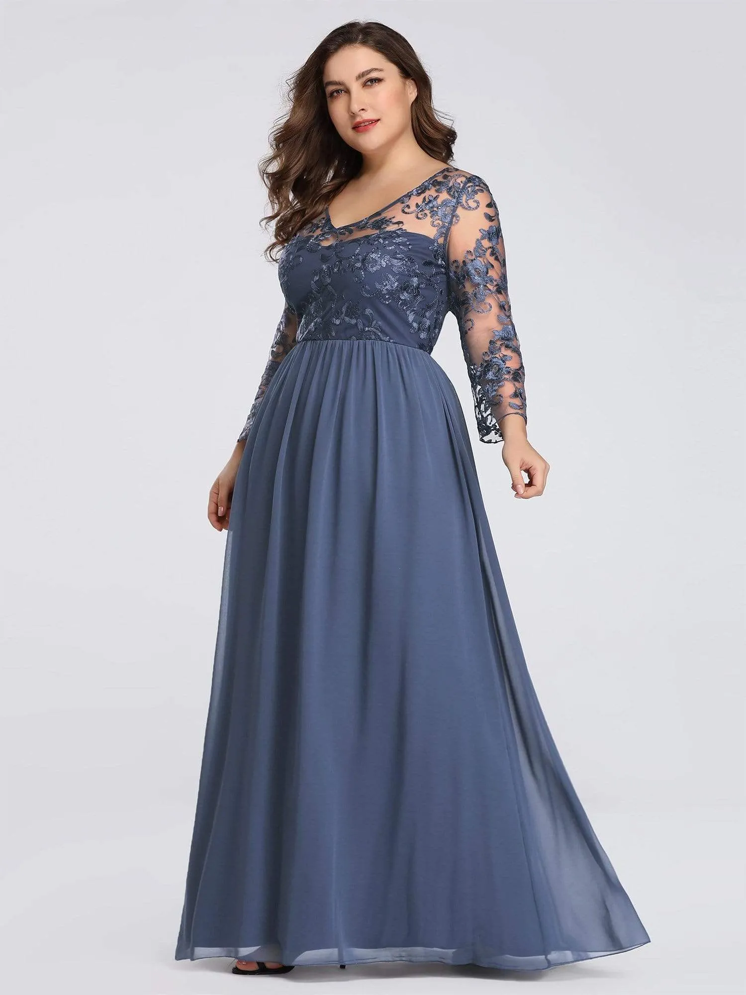 Plus Size Floor Length Evening Dress with Sheer Lace Bodice