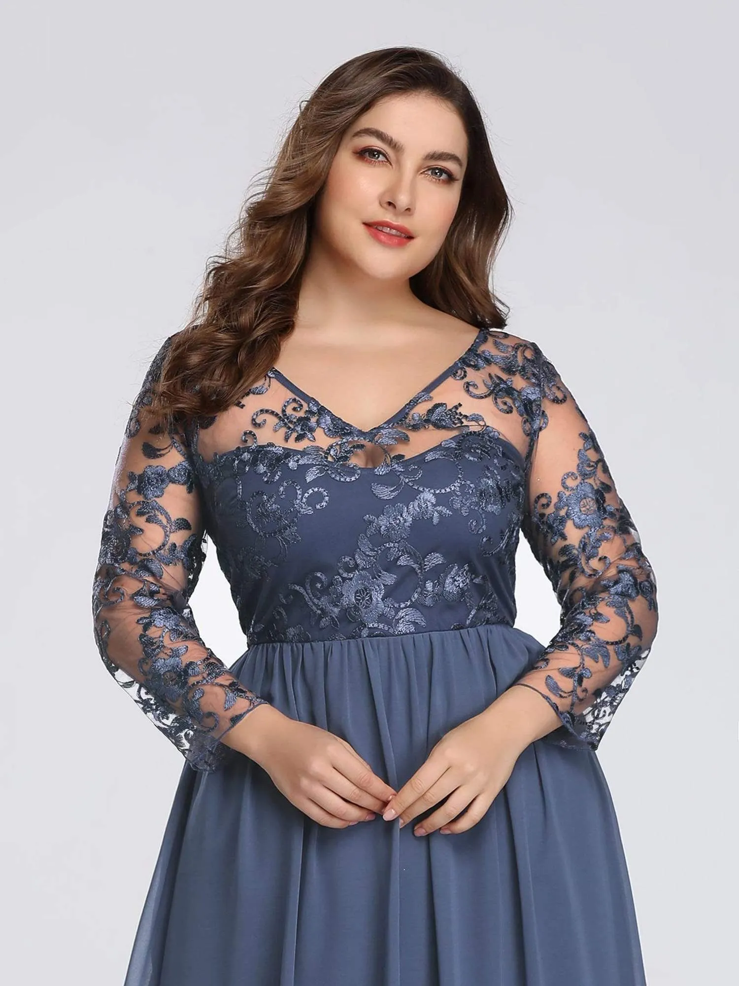 Plus Size Floor Length Evening Dress with Sheer Lace Bodice