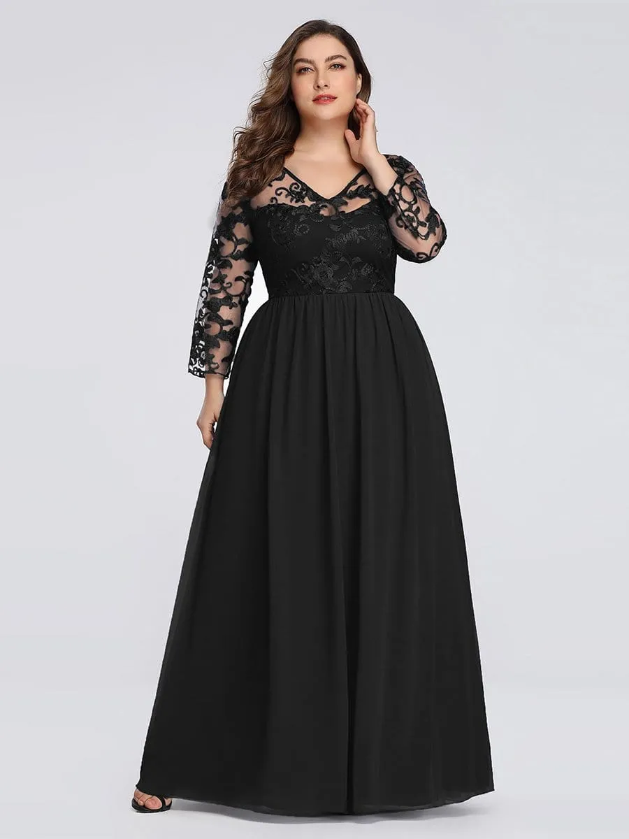 Plus Size Floor Length Evening Dress with Sheer Lace Bodice