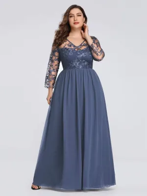 Plus Size Floor Length Evening Dress with Sheer Lace Bodice