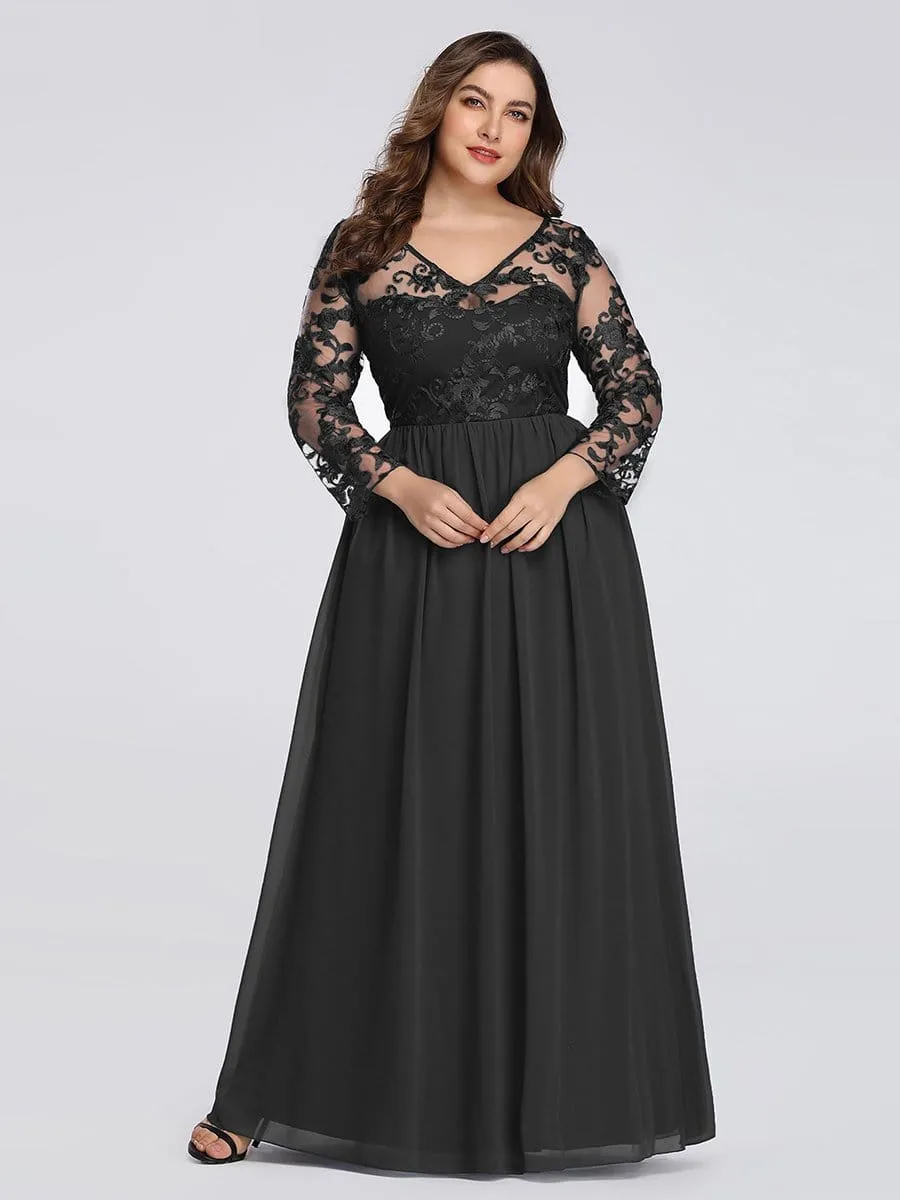 Plus Size Floor Length Evening Dress with Sheer Lace Bodice