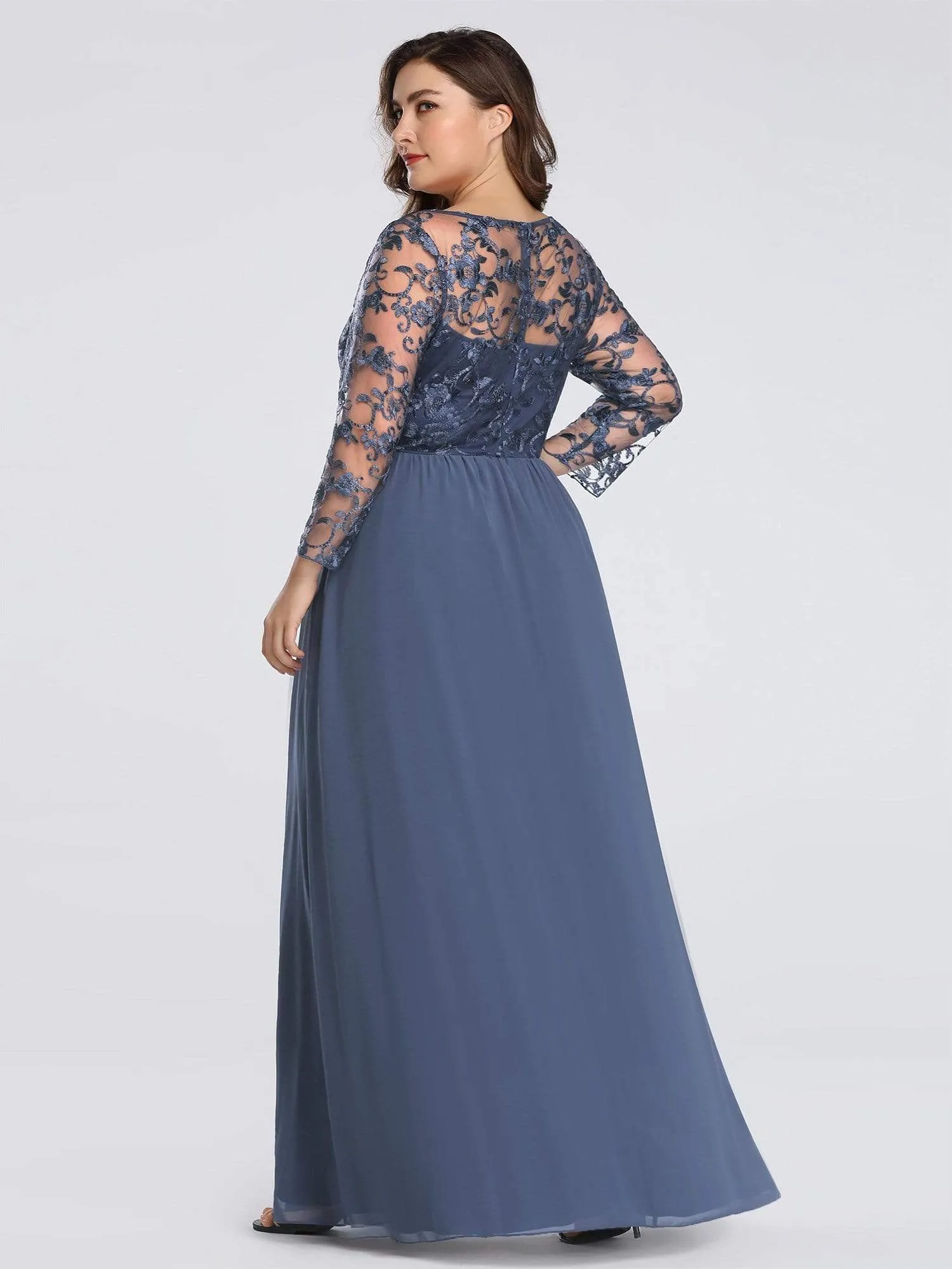 Plus Size Floor Length Evening Dress with Sheer Lace Bodice