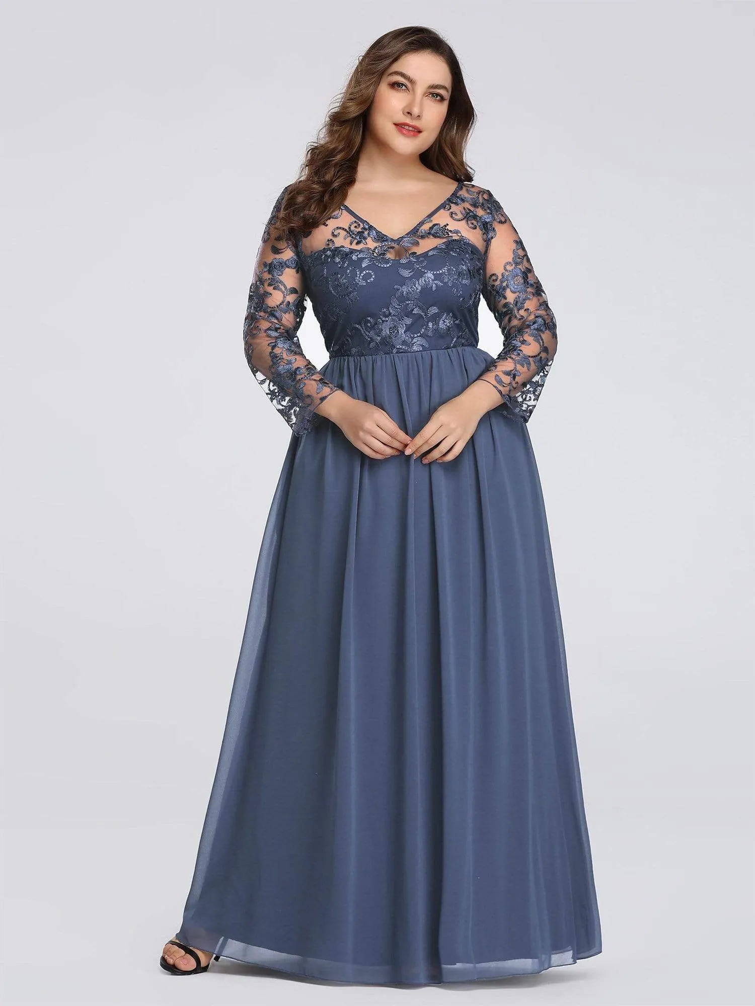 Plus Size Floor Length Evening Dress with Sheer Lace Bodice