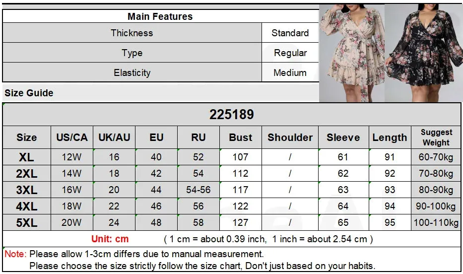 Plus Size Floral Print Beach Dress - Chic Knee-Length Summer Dress with Full Sleeves