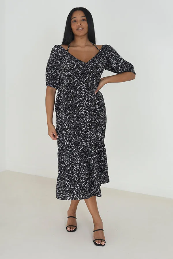 PLUS SIZE FLORAL TIE UP TIERED HEM MIDI DRESS