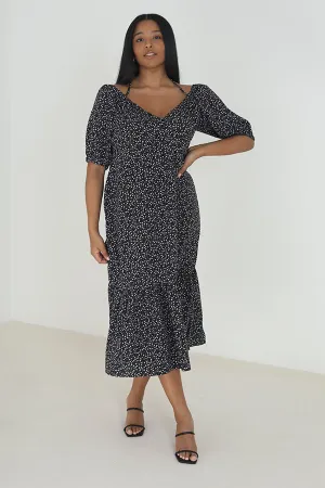 PLUS SIZE FLORAL TIE UP TIERED HEM MIDI DRESS