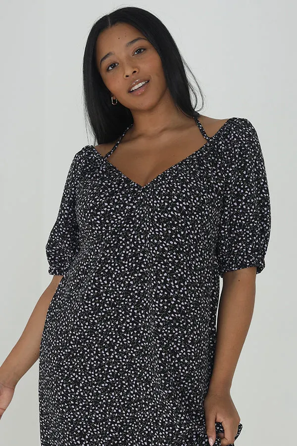 PLUS SIZE FLORAL TIE UP TIERED HEM MIDI DRESS