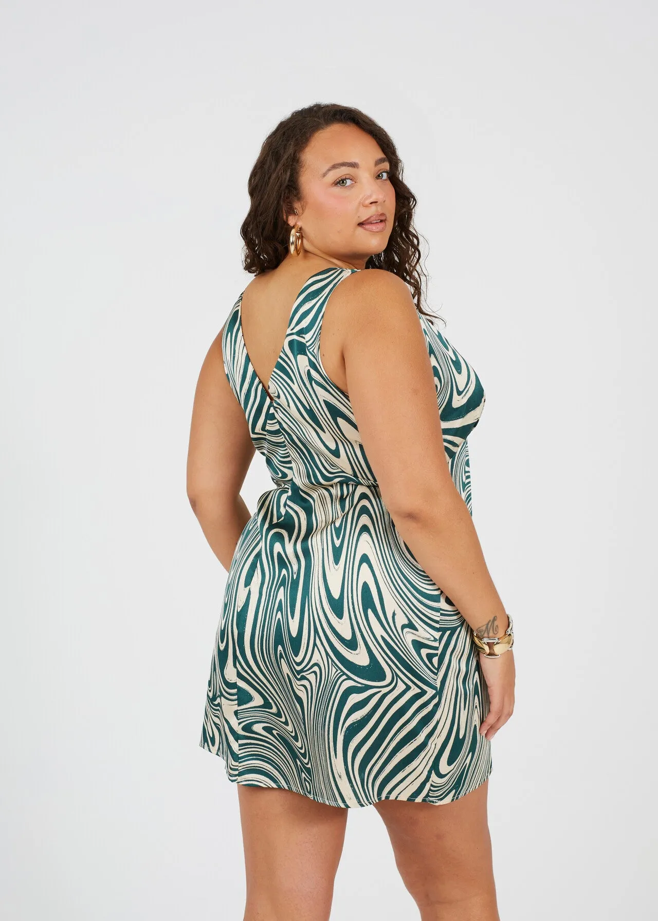 PLUS SIZE GREEN SWIRL PRINT A-LINE VEST DRESS