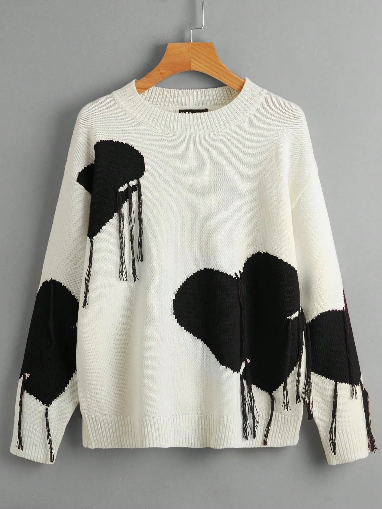 Plus Size Heart Print Sweater With Tassel Decoration And Round Neckline