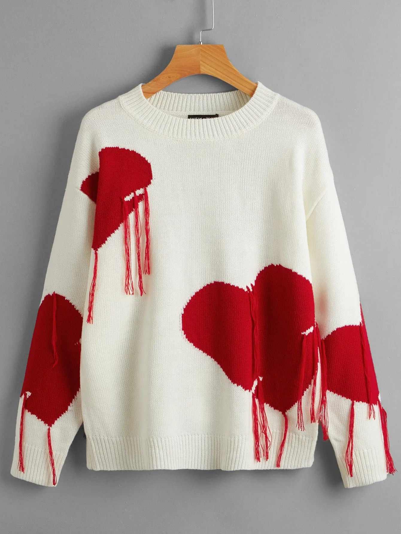 Plus Size Heart Print Sweater With Tassel Decoration And Round Neckline