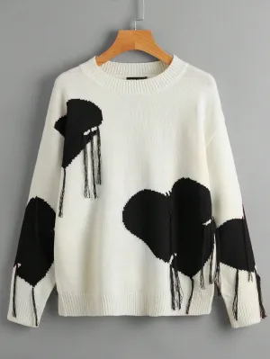 Plus Size Heart Print Sweater With Tassel Decoration And Round Neckline