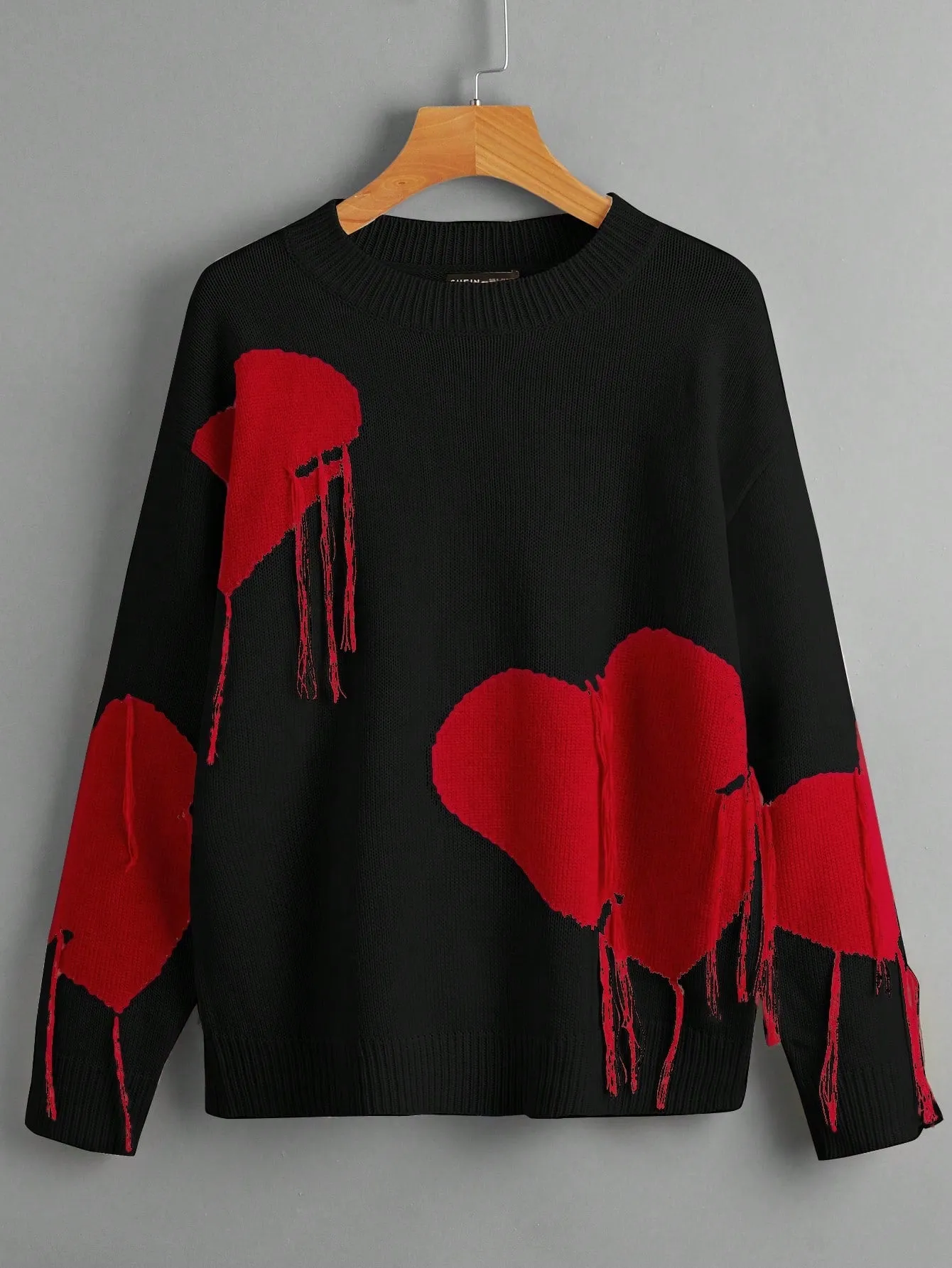 Plus Size Heart Print Sweater With Tassel Decoration And Round Neckline