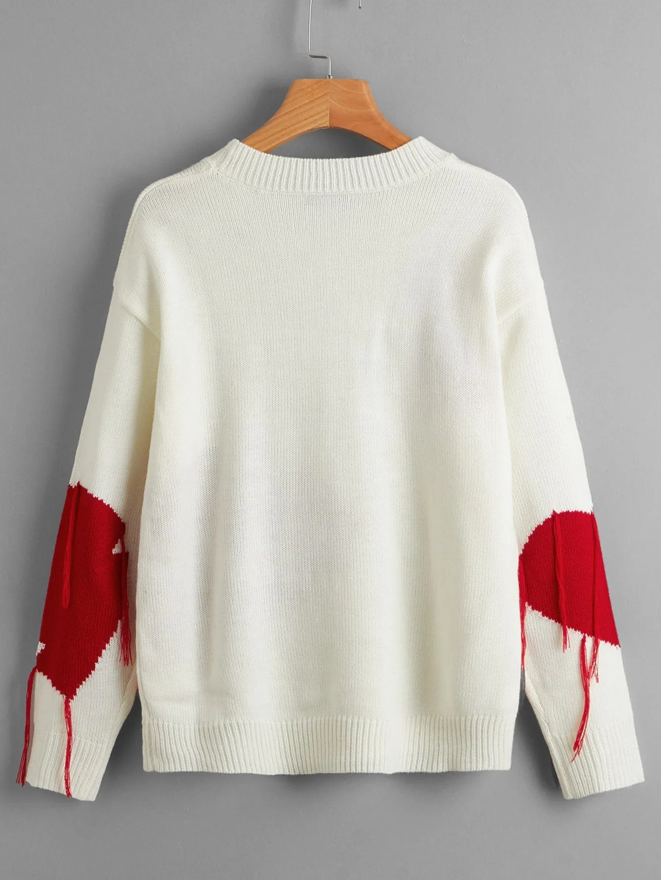Plus Size Heart Print Sweater With Tassel Decoration And Round Neckline