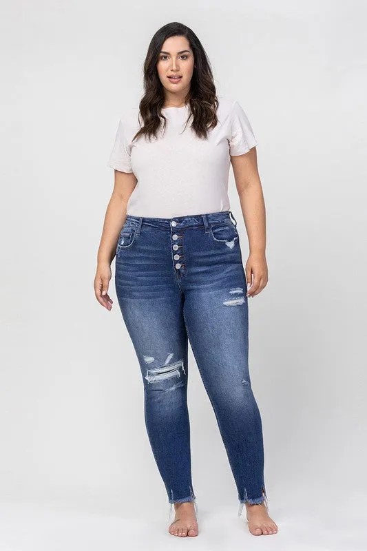 Plus Size High Rise Patched Button Up Distressed