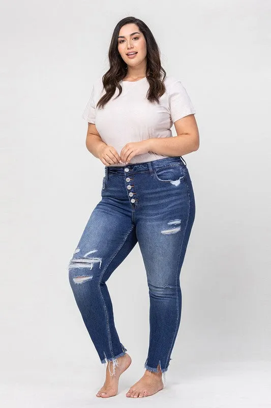 Plus Size High Rise Patched Button Up Distressed