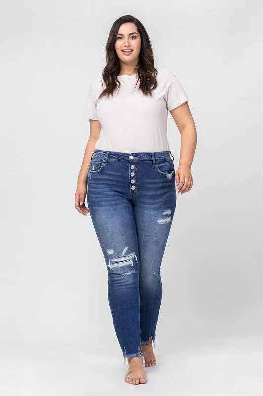 Plus Size High Rise Patched Button Up Distressed