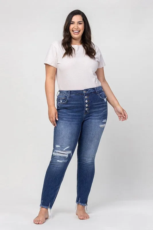 Plus Size High Rise Patched Button Up Distressed