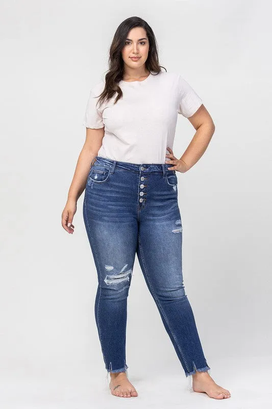 Plus Size High Rise Patched Button Up Distressed