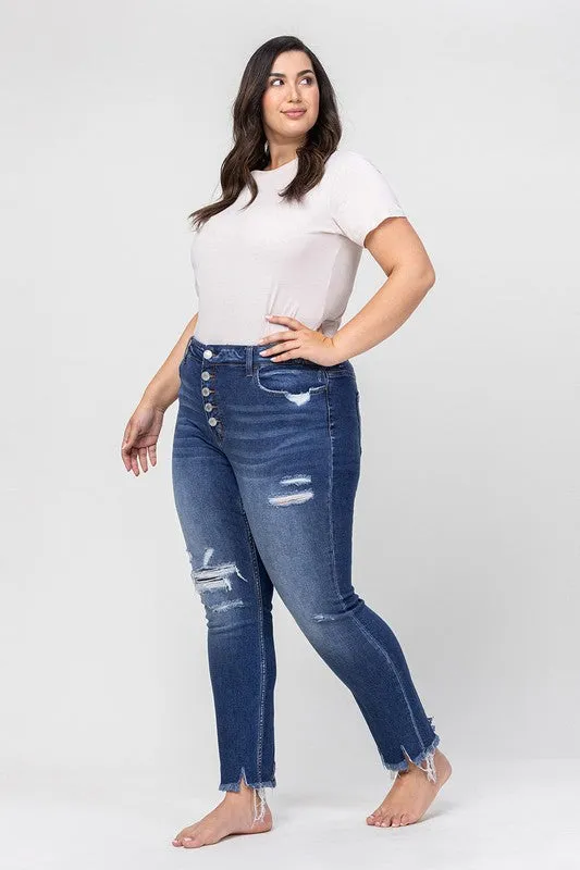 Plus Size High Rise Patched Button Up Distressed