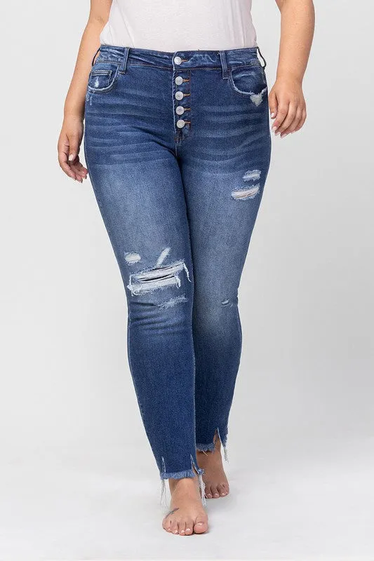 Plus Size High Rise Patched Button Up Distressed